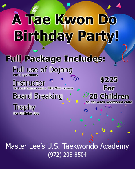 Lee's US Taekwondo's birthday party sheet with prices