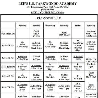 A snapshot of Lee's US Taekwondo's class schedule